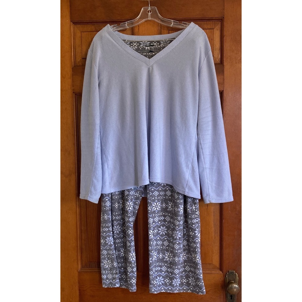 Laura Ashley Womens XL Blue Grey Snowflake Ribbed Knit Pajama Set Cozy Sleepwear